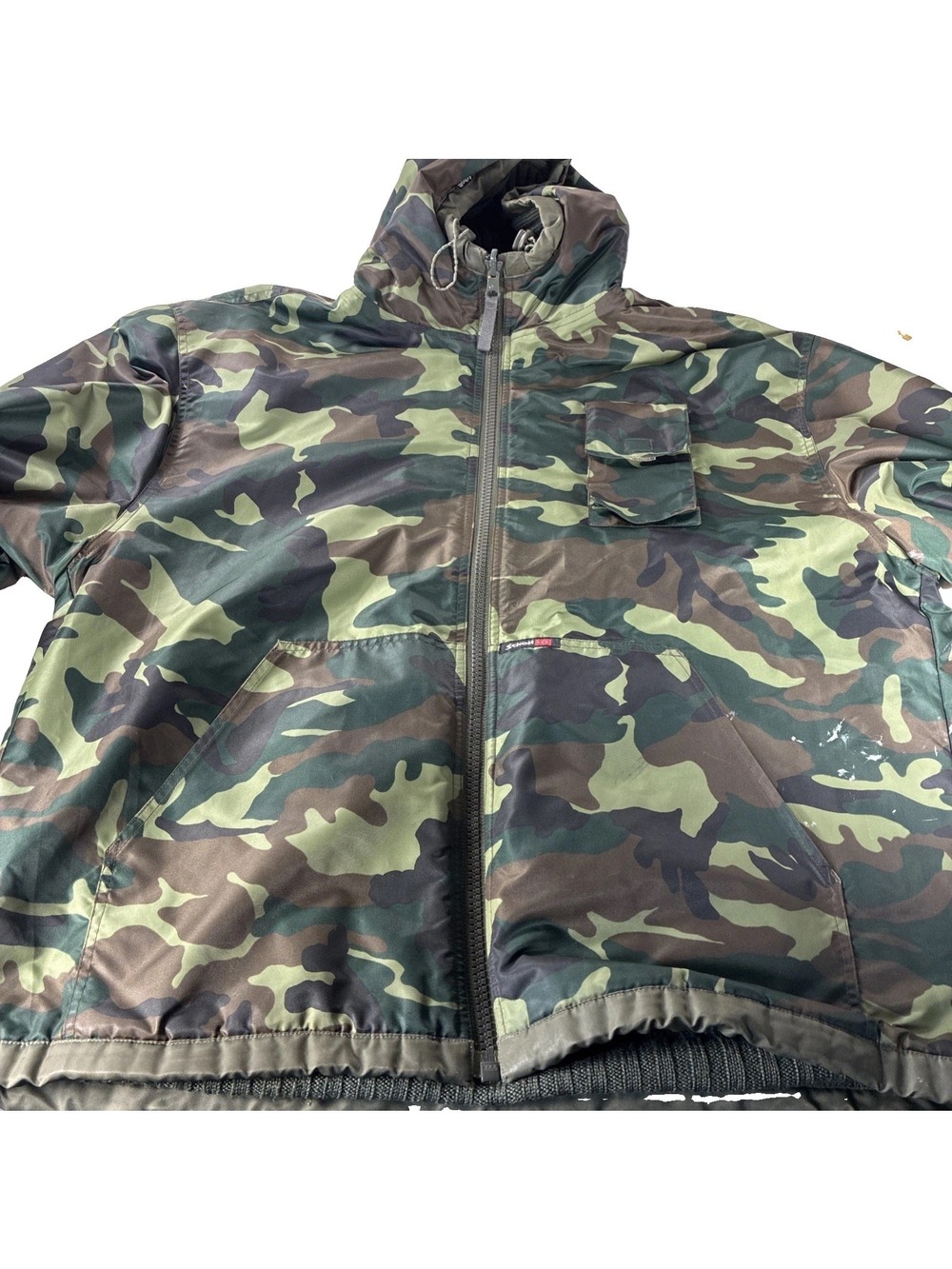 Vtg Schott NYC Reversible Camo Heavy Rib Knit Bomber Jacket Hood Men Woodland XL